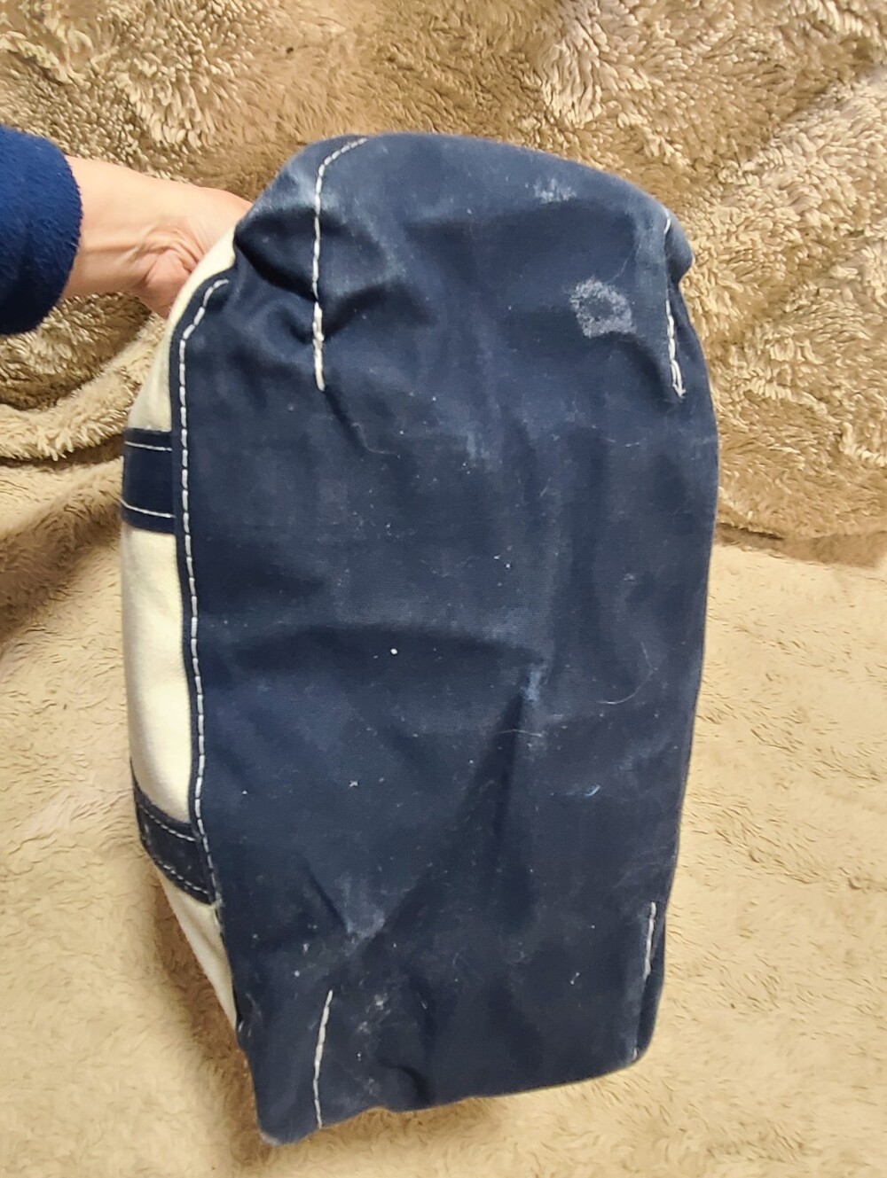 L.L. Bean Cream Canvas Boat Tote with Navy Stitching, Zip Close - Picture 9 of 9